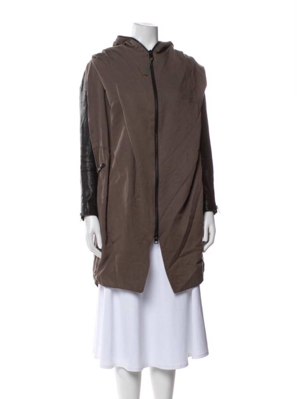 AllSaints Olive Brown Hooded Zip Trench with Black Leather Sleeves